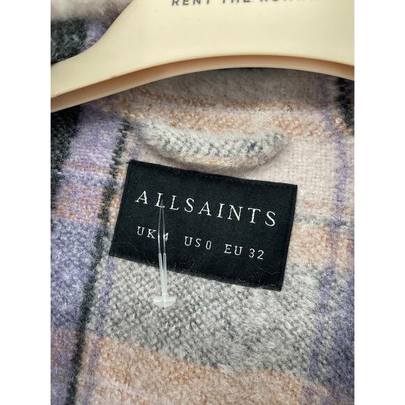 All Saints Phoebe Grey Purple Check Wool Blend Flannel Button Up Shirt Size 0 - Picture 8 of 8